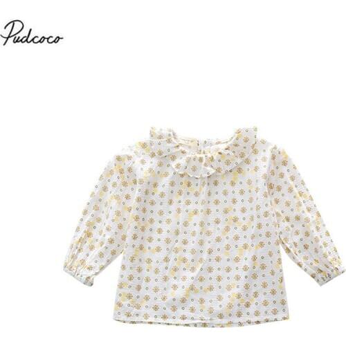 2020 Fashion Summer Girls Shirt Long Sleeve Flowers Printing Small Fresh Lotus Leaf Lace Crew Neck Spring Autumn Children Top