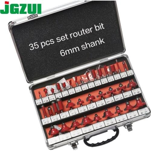35PCS 6mm Shank Tungsten Carbide Router Bit Set Wood Woodworking Cutter Trimming Knife Forming Milling w/ Wood Case box