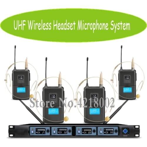 4 Channel Wireless Microphone System UHF Audio Mic Set 4 Headset and 4 Clip Lavalier Lapel Mic Transmitter Receiver For Karaoke