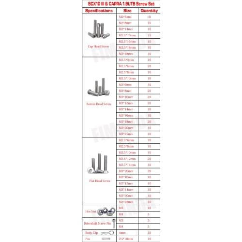 430pcs Stainless Steel Screw Nut Set Hex Socket Cap/Button/Flat Head Screws for 1/10 RC Crawler Axial SCX10 III Capra 1.9UTB