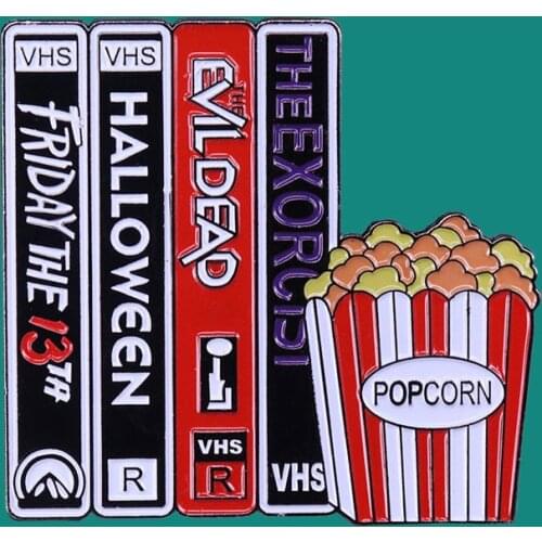 Horror Movie VHS Chill Popcorn Enamel Pins Brooch Collecting Lapel Badges Men Women Fashion Jewelry Gifts Adorn Backpack Collar