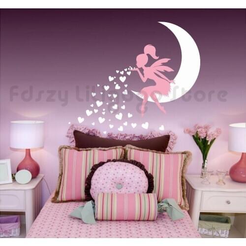Fairy Sitting on Moon Wall Sticker Fairy with Pixie Dust Stars Wall Art Mural Kids Girls Bedroom Wall Decal Nursery DecorQ925