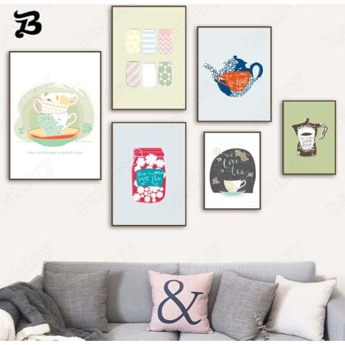 Canvas Painting for Living Room Cartoon Tea Cup and Teapot Wall Art Posters and Prints Wall Pictures for Kitchen Cafe Wall Decor