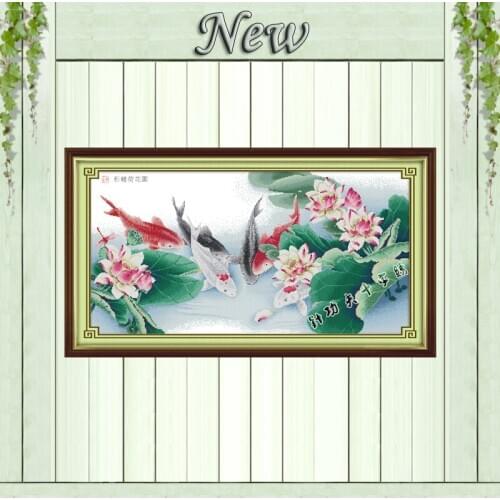 Colorful carps with lotus paintings counted printed on canvas DMC 14CT 11CT Chinese Cross Stitch Needlework Sets Embroidery kits