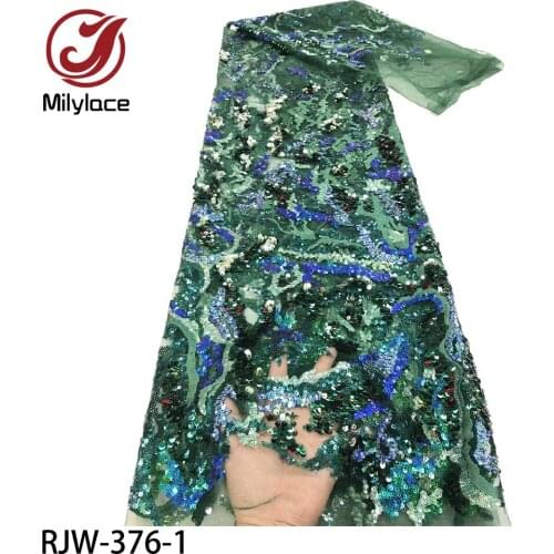 Latest African Lace Embroidery Tulle Lace Fabric High Quality French Sequence Lace Fabric with Sequins for Party RJW-376