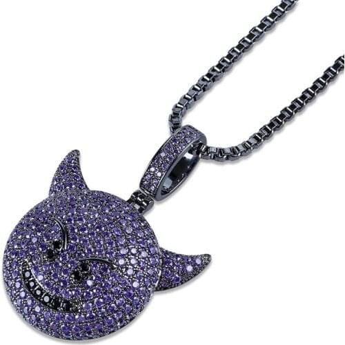 OMYFUN Top Sale Evil Pendant Necklace Purple CZ Iced Bling Jewelry Rappers' Fashion Black Rope Chain Necklace Hallowmas Gift