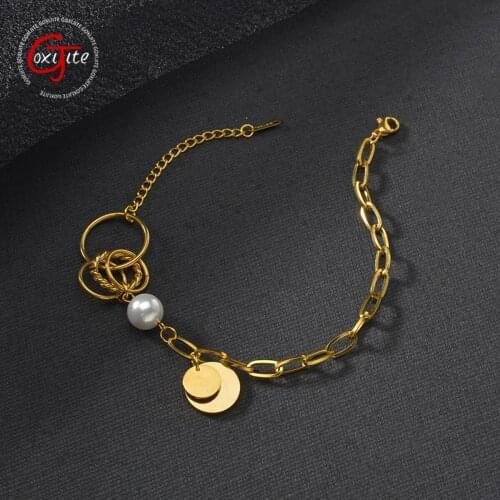Goxijite Hot Sale Stainless Steel Simple Bracelet For Woman Link Chain Round Medal Pearl Bracelet Fashion Party Jewelry Gift