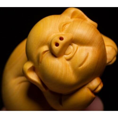 Boxwood Cute Pig Zodiac Shuxiang Pendant Creative Solid Wood Carving Crafts Lucky Fu Pig Wood Carving Decoration Collection