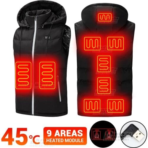 9 Areas Men USB Heating Jacket Hetaed Vest Ski Warm Vest Winter Motorcycle Down Jacket Thermal Moto Motorbike Hunting Clothing