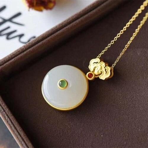 New silver inlaid natural Hetian white jade round brand double color Pendant Necklace Chinese style retro charm womens jewelry