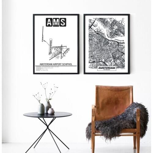 Black White AMS Amsterdam Airport Schiphol Posters Canvas Prints Travel Gift Amsterdam Map Painting Living Room Wall Art Decor