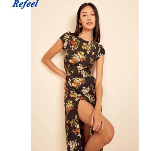 France Chiffon Vestido Vintage Floral Print Black Split Opens Midi Dress Fashion Sleeveless Women Long Dress