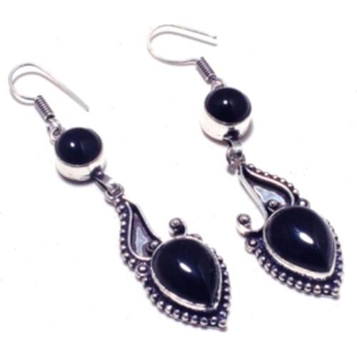 Genuine Black Onyx Silver Overlay on Copper Earrings ,Hand made Women Jewelry Gift , E5449