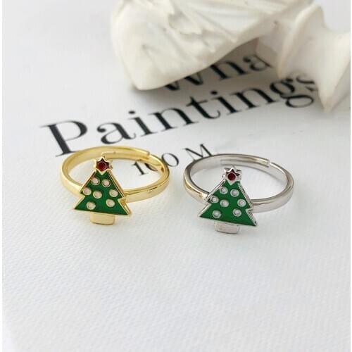 Real 925 Sterling Silver Enamel Green Christmas Tree Rings For Women Jewelry, Cute Christmas Gifts Adjustable Ring Girls