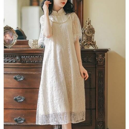 Loose Cheongsam Improved Retro Style Lace Dress Women Summer Chic Tassel Elegant Style Cheongsam Vestido de mujer