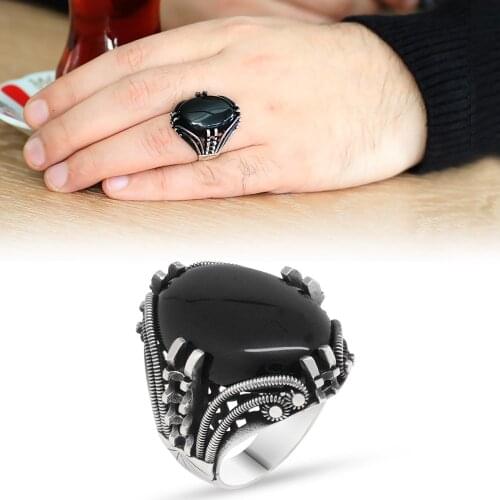 Tesbihane Nail Design Black Onyx Cubic Zirconia 925 Sterling Silver Men 'S Ring