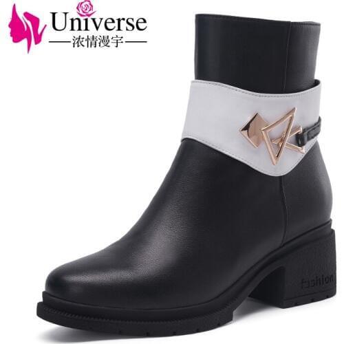Universe round toe mid calf women boots leather winter boots chunky heel med heel shoes for ladies G256