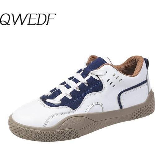 2019 White Women Sneakers Breathable Leather Shoes Spring Ladies Casual Flats Shoes Non-slip Lace Up Female Footwear Shoes U7-76