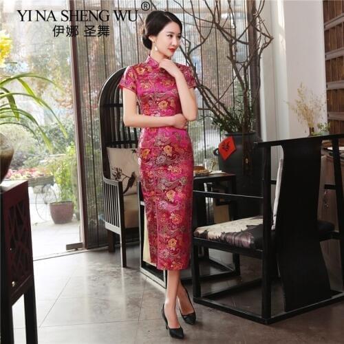 New Tang Suit Cheongsam Long Cheongsam Women Evening Dress Elegant Satin Soft Elegant Tight Dress Traditional Cheongsam 7Colors