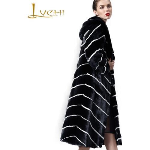 LVCHI Winter 2019 Import Velvet Real Mink Fur Coats Womens Draped Mink Coat Full Pelt Loss Crystal Button Hat X-Long Mink Coats