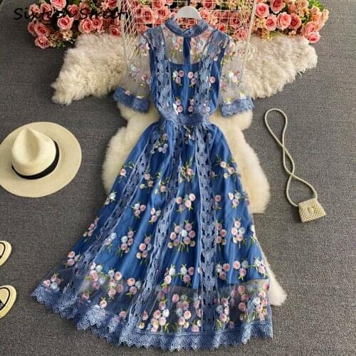 Maxi Dresses for Women Summer Y2k Dress Lolita Luxury Clothing Women Vintage Vestido De Mujer Elegant High Waist Mesh Embroidery