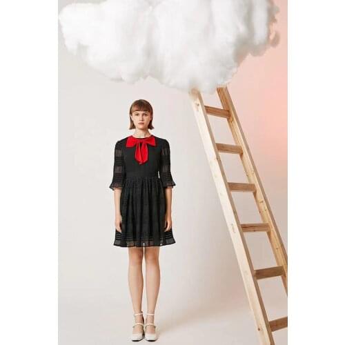 Womens Butterfly Collar Flared Sleeve Striped Chiffon Dress