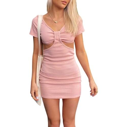 Ladies Sexy Temperament Solid Color Deep V Open Back Hollow High Waist Slim Fit Bag Hip Short Sleeve Dress Dress