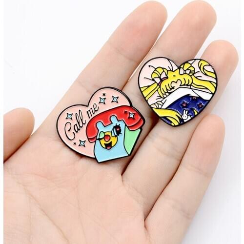 Call Me ! Cartoon Heart Enamel Pins Jewelry Brooches Denim Shirt Collar Badge Lapel Pins Friends Gifts For Women