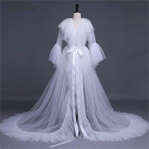 2021 White Ruffles Prom Dresses Tulle Bridal Robes Photoshoot Fluffy Tiered Robe Party Dress Custom Made
