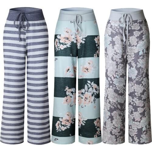 2020 Summer Stripe Wide Leg Pants Plus Size Women Loose Camouflage Print Quick Dry Drawstring Home Casual Sleep Trousers XXXL