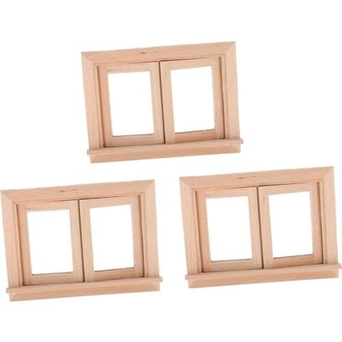 3 Pieces Vintage Style 1/12 Unpainted Wood 2-Pane Window Frame for Dolls House Room Fairy Garden Decor