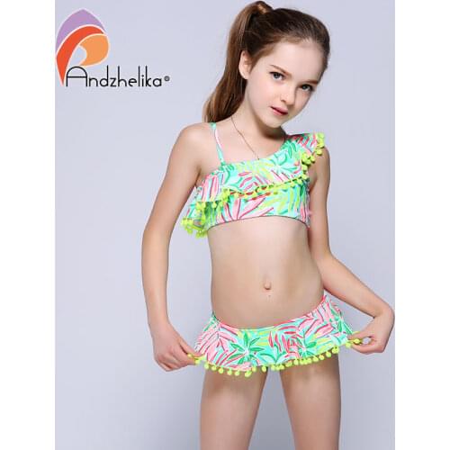 Andzhelika Bikini Childrens Swimwear Ball Cute Lotus Leaf Dress Swimwear Two Piece Kid One Shoulder Swimsuit Girls Bathing Suit
