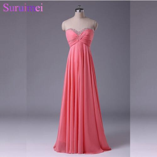 Watermelon Evening Gown Chiffon Floor Length Beaded Long Evening Dresses Women Coral Color Free Shipping