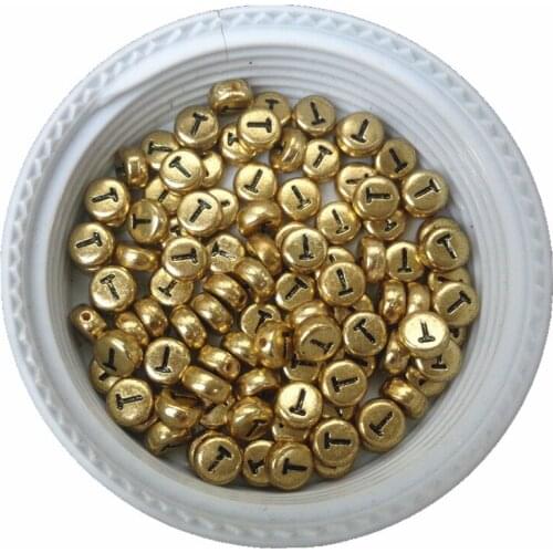 Free Shipping 500pcs 3600pcs 4*7MM Flat Coin Round Shape Gold Color Acrylic Letter Beads English Character T Alphabet Beads