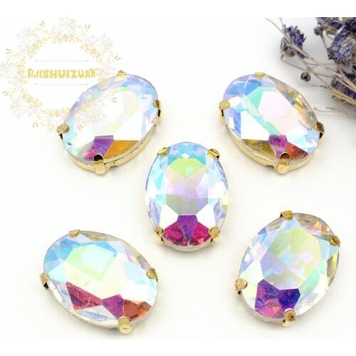 Free shipping!Crystal AB Crystal Glass Sew-on OVAL Rhinestones with gold Claw DIY wedding Dresses and Clothes