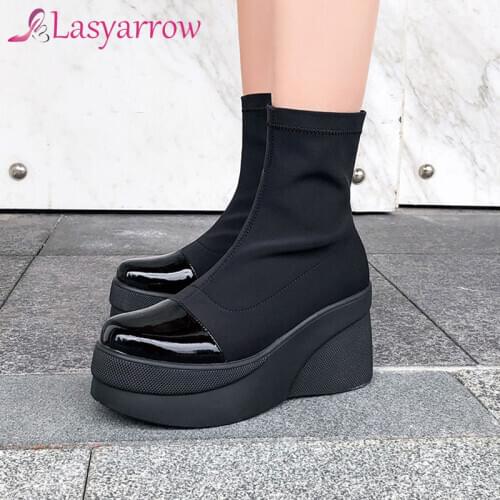 Lasyarrow Chunky Platform Genuine Leather Ankle Boots Women Punk Height Increasing Thicken Short Boots Woman Botas Mujer