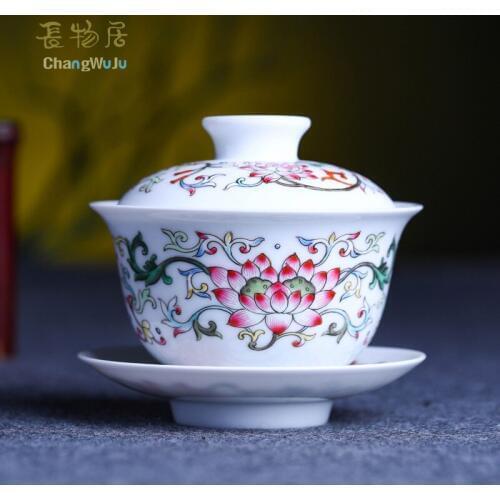 Changwuju in Jingdezhen Cups & Saucers handmade Kung-Fu tea cup ware the famille rose tea covered bowl painted by Jinhongxia