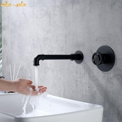Black wall faucet bathroom sperate double hole wall mixer black concealed in wall tap Industrial style sink tap