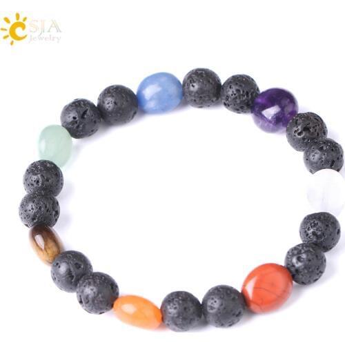 CSJA 7 Chakra Black Lava Rock Natural Gem Stone Beads Bracelets Bangle for Women Healing Meditation Power Charms Wristband F286