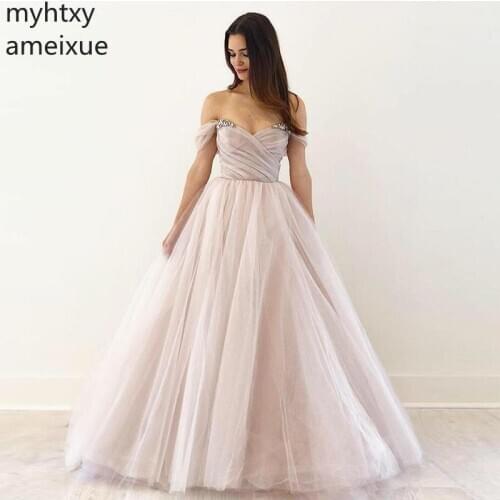 Long Blush Pink Customprom Dresses Off Shoulder A-line Pleats Tulle Full Length Women Formal Party Dress Elegant Gowns Plus Size