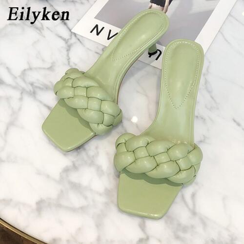 Eilyken Brown Blue Green PU Leather Slippers Women Outdoor Fashion Sexy Square Toe Sandals Stiletto Heels Ladies Party Shoes