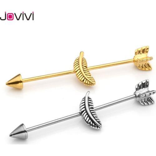 Jovivi Bulk Price 16Ga Screw Ball Long Industrial Barbell Cartilage Feather Style Earring Stainless Steel Body Piercing Jewelry