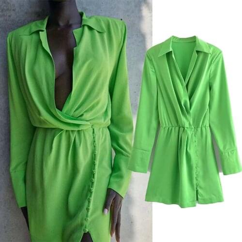 Klkxmyt Za Shirt Dress Woman Green Short Summer Dresses 2021 Long Sleeve Mini Wrap Dress Women Fashion Button Elegant Dresses