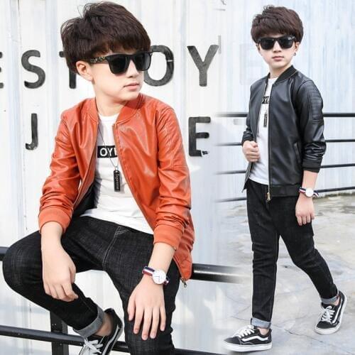 Black orange zipper Streetwear Boys leather Jackets Coats Cool Teenagers Children Outerwear Coats spring autumn New 3-12years