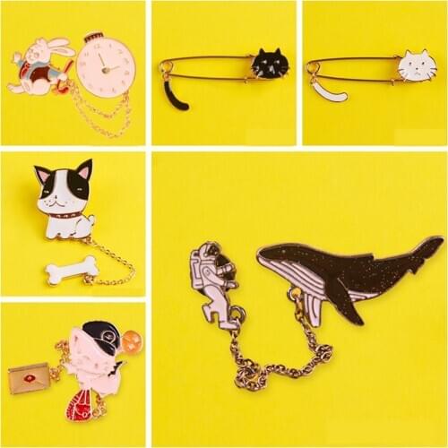 Metal Chain Series Pin Funny Cat Planet Puppy Rabbit Astronaut Dolphin Airplane Love Ship Flower Book Girl Metal Enamel Brooch