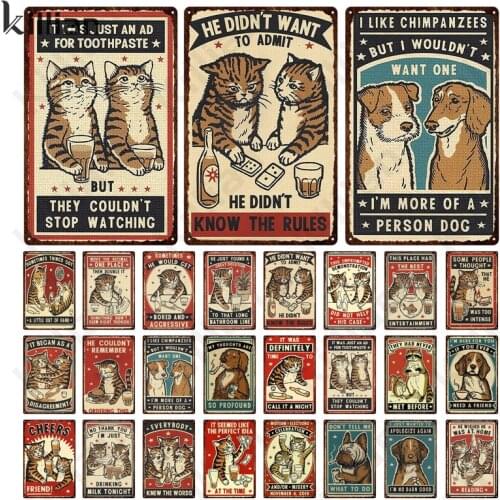 Pet Metal Plate Decoration Cute Cat and Dog Leisure Life Art Picture Metal Poster Bar Restaurant Club Wall Metal Plaque Decor