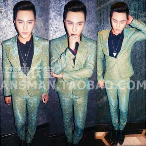 2020 mens singer stage Magic color Sao Gold green gradient glitter suit costume DJ costumes suits Two-piece suit