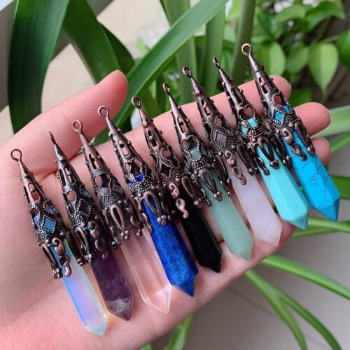 Natural Gems Stone Pendulum for Divination Wicca Long Hexagonal Amulet Reiki Amethysts Quartz Lapis Pink Crystal Pendant Chakra