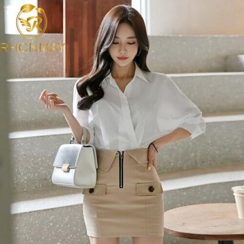 2020 New Korean Work Style Elegant Turn-down Collor Shirts Tops + Zipper Sheath Bodycon Short Skirt OL 2 piece Set