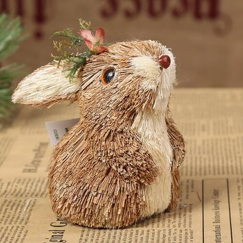 Newest Arrival Creative Mother Child Rabbit Decoration with Flower Cute Straw Bunny Home Decorative Ornaments